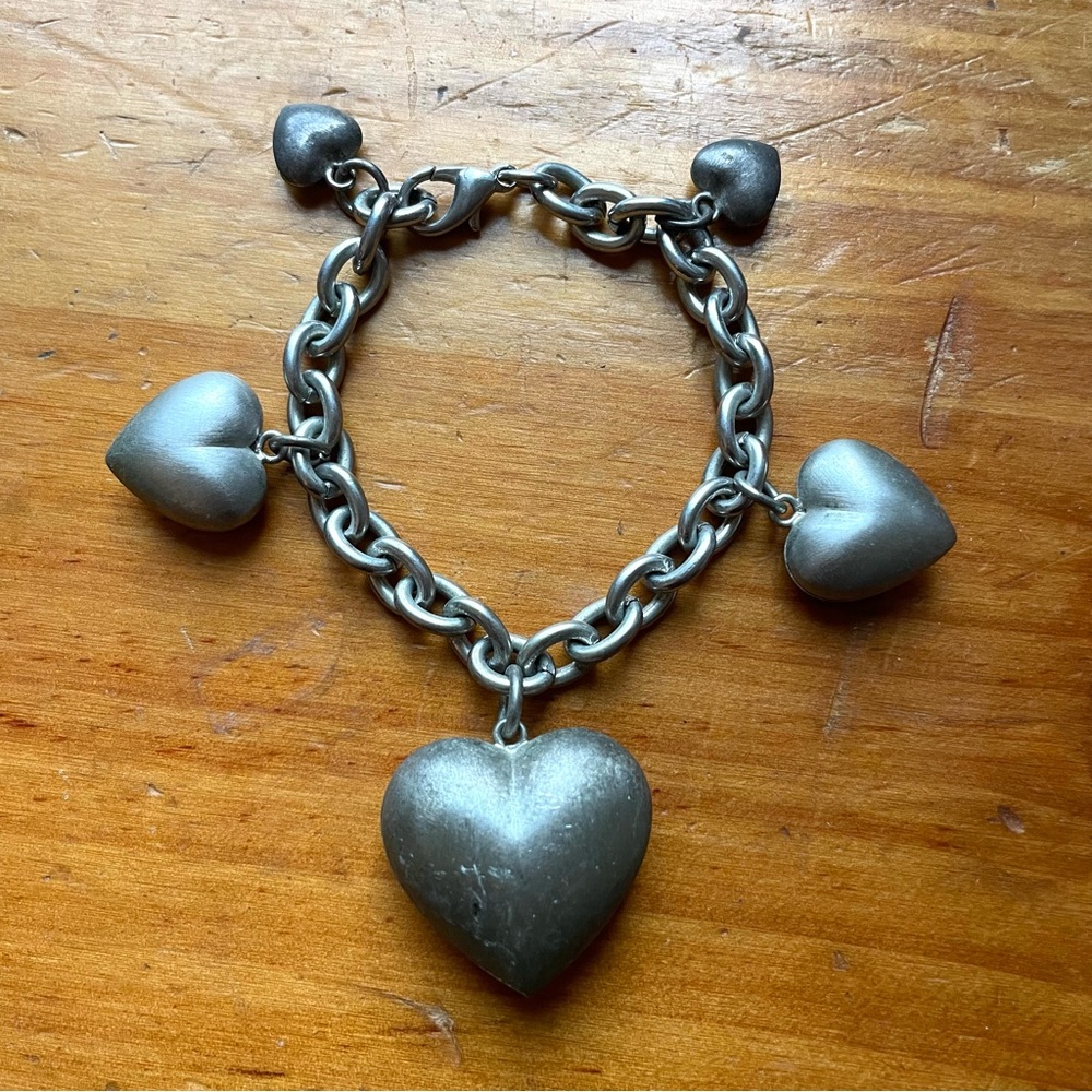 Vintage 90s Puffy Heart Charms Silver Tone Chain Bracelet Gothic Princess Grunge